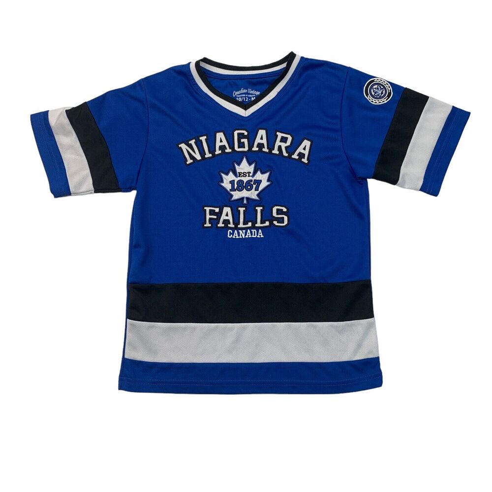 Niagara Falls Hockey Jersey Shirt Youth Boys 10/12 Harbor Blue Striped Canadian